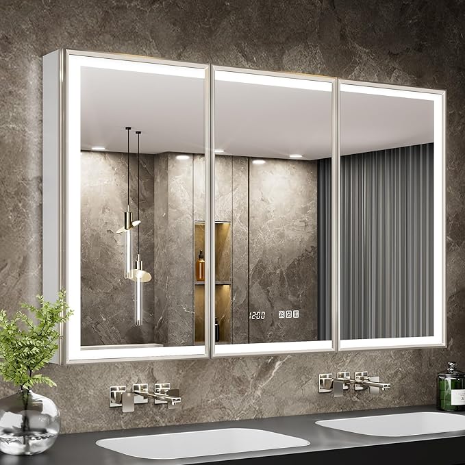 48x30 Lighted Medicine Cabinet with Mirror, Beveled Brushed Nickel Framed Surface or Recessed Fogless Dimmable LED Medicine Cabinet with Outlet, Time Display and Sensor Inner Light