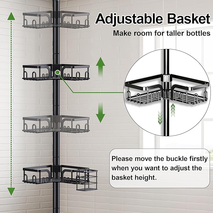 Corner Shower Caddy Tension Pole 4 Tier Adjustable Stainless Steel Shower Shelf for Inside Shower Bathtub Shampoo,Standing Bathroom Organizer Shelves with 39 to 113 inch Height