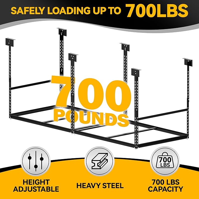 3x8 Ft Overhead Garage Storage Rack, 28-41 inch Height Adjustable Ceiling Mounted Organization Rack, 700 lbs Weight Capacity, 36"x96" Heavy Duty Space-Saving Metal Rack for Garage Storage