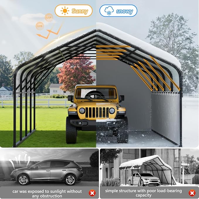 12x20 Metal Carport, Heavy Duty 2-Car Carport Canopy, CarPorts with Removable Polyethylene Sidewalls, Galvanized Steel Roof Car Tent Garage