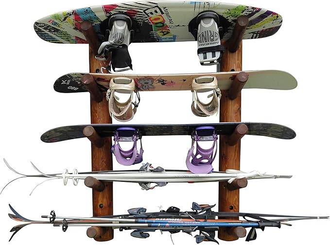 5-Place Wall-Mounted Skis/Snowboard Log Rack - Poles & Ski Wall Mount, Snowboards Wall Rack, Indoor & Outdoor Ski Holders for Walls, Hangers for Skis Indoor Storage - Canyon Brown