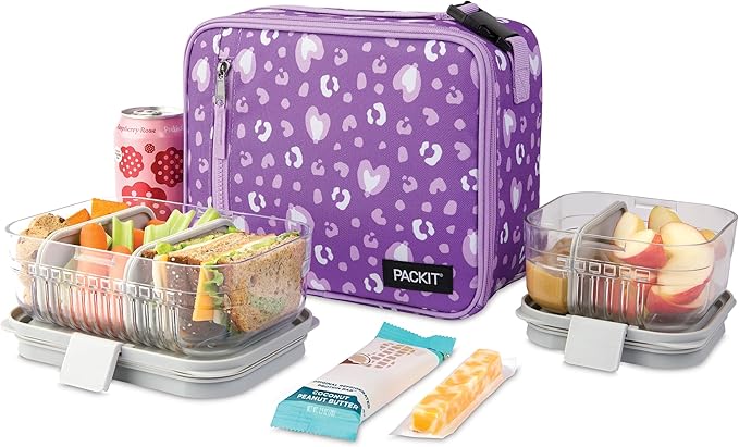 PackIt(R) Freezable Classic Lunch Box, Leopard Hearts Purple, Built with EcoFreeze(R) Technology, Reusable, Zip Closure With Zip Front Pocket and Buckle Handle, Designed for Fresh Lunch On the Go
