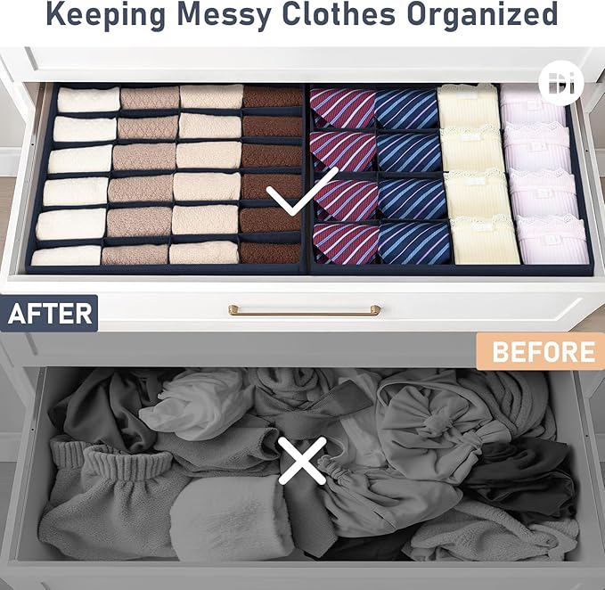 DIMJ Sock Organizer Drawer Organizer - Closet Organization and Storage, Underwear Drawer Organizer for Storing Socks, Handkerchiefs, Ties, Belts, Navy Blue