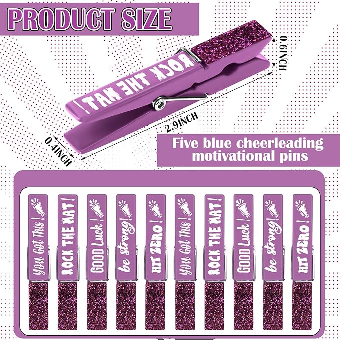 Kigeli 30 Pcs Spirit Clips Cheer Pins Cheerleader Gifts Clothes Pins for Backpacks Competition Glittered for Team Cheer Gifts Stuff Supplies Party Favors Accessories Bulk(Purple,Shiny)