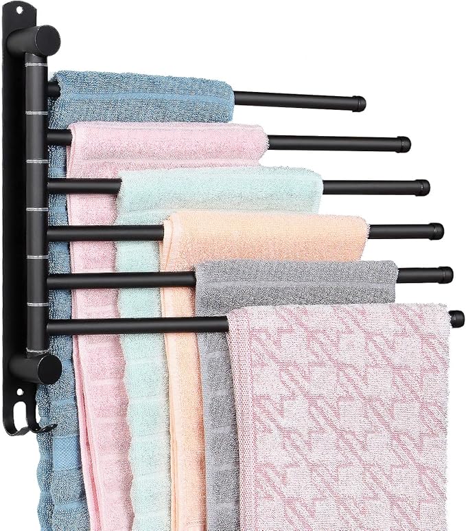 Matte Black 6 - Arm Stainless Steel Swivel Towel Rack with Hook: Wall - Mounted, Rustproof Space - Saver for Bathroom & Kitchen - 180° Rotation, 14kg Capacity