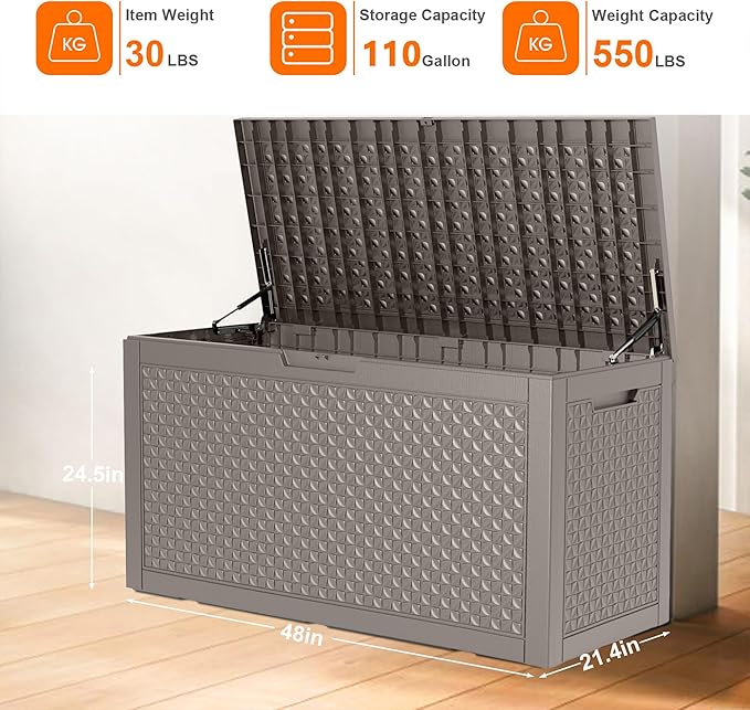 110 Gallon Outdoor Storage Box,Large Waterproof Resin Deck Box,Lockable Storage Container with Reinforced Support for Patio Cushions,Garden Tools,UV-Resistant(Grey,110Gallon)
