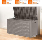110 Gallon Outdoor Storage Box,Large Waterproof Resin Deck Box,Lockable Storage Container with Reinforced Support for Patio Cushions,Garden Tools,UV-Resistant(Grey,110Gallon)