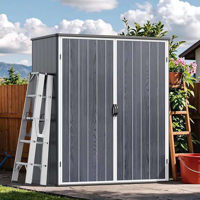 Devoko 5x3 FT Resin Outdoor Storage Shed with Floor, Plastic Outdoor Storage Cabinet, Waterproof Vertical Tool Shed with Lockable Door for Patio, Garden, Backyard, Dark Gray