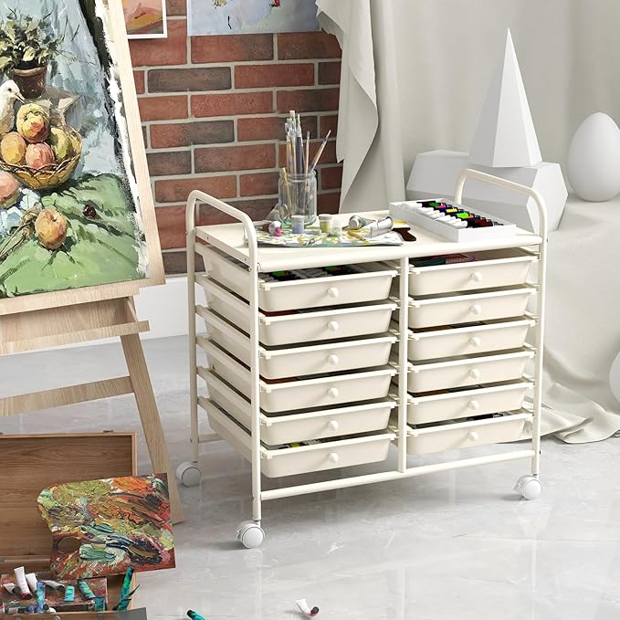 GOFLAME 12-Drawer Rolling Storage Cart, Multifunctional Art Craft Organizer Cart, Mobile Utility Storage Cart with Removable Drawers & Lockable Wheels, Craft Cart for Home Office School, White