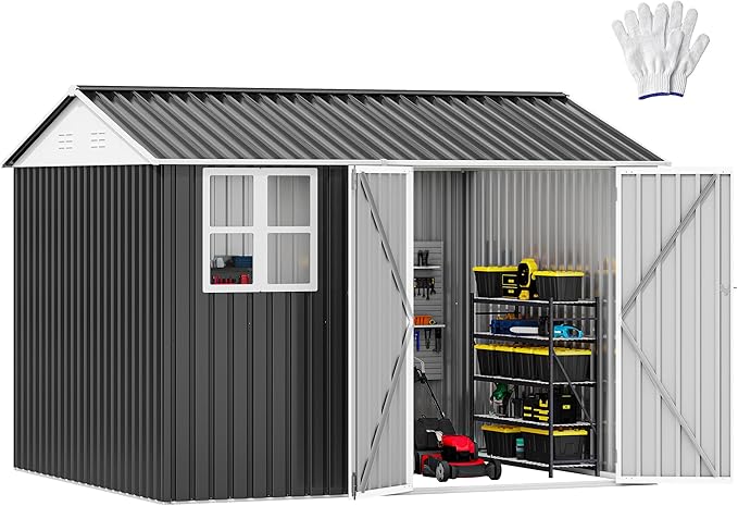 DWVO 10x8ft Large Tool Storage Shed with Window, Lockable Doors, and Sloped Roof, Oversized Steel Outdoor Storage Shed for Garden, Patio, Garage, Backyard, Lawn - Gray & White