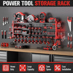 49.8" W Super Large Power Tool Organizer Wall Mount,4-Layer Heavy Duty Tool Storage with 18 Cordless Drill Holder,600 lb Capacity Garage Organization for Garage and Workshop (Red)