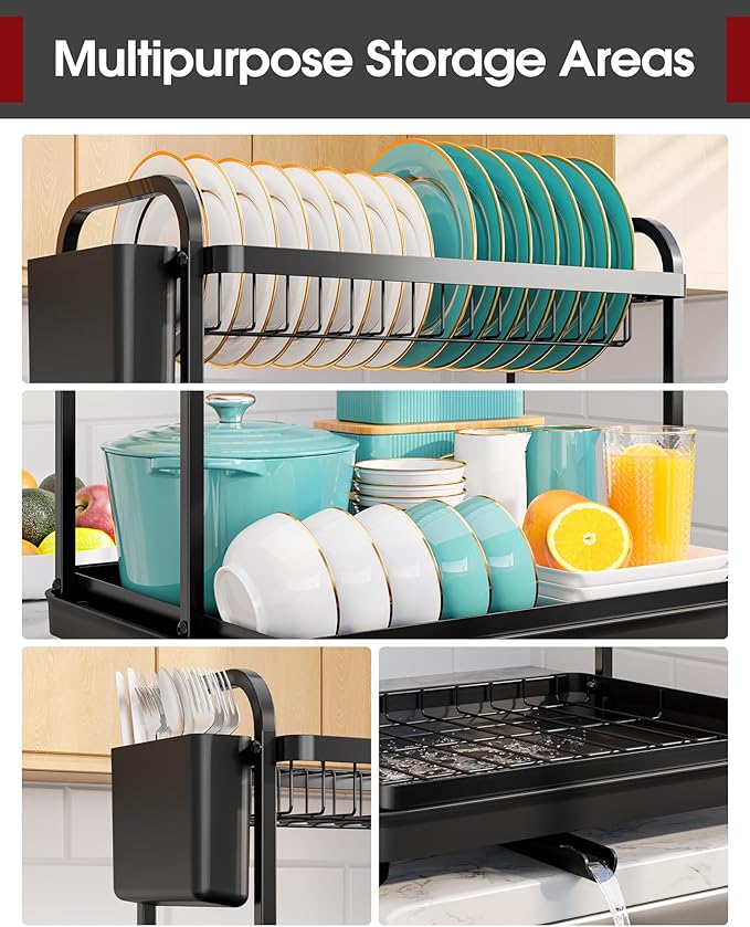 2-Tier Dish Drying Rack - Stainless Steel Dish Rack with Cutlery & Utensil Holders for Kitchen Counter, Sink Organization and Storage for Small Family, 15" W x 11.4" L x 15" H, Black