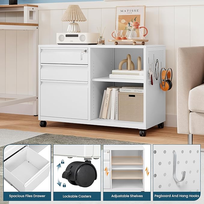 MIIIKO File Cabinet 3 Drawer, White Filing Cabinets with Shelf, Home Office Rolling File Storage Cabinet with Lock, Metal Printer Stand with Casters Office Storage A4, Letter Legal File Folders