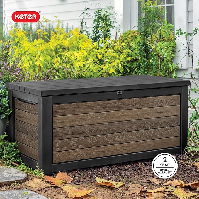 Keter Signature Collection 165 Gallon Resin Deck Box Organization and Storage Box for Patio Outdoor Cushions, Throw Pillows, Garden Tools and Pool Supplies, Walnut