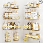 10 Pack Shower Caddy Organizer Rack Shelf for Inside Shower, Self Adhesive Wall Storage Basket Rustproof Stainless Steel Shampoo Holder Bathroom Accessory Decor Set, Gold