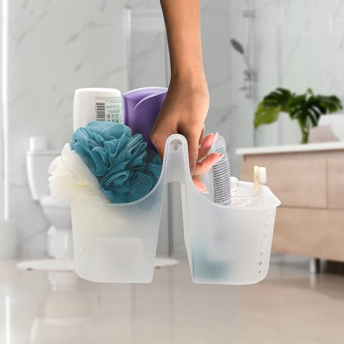 Brookstone Modern Large Portable Shower Caddy with Soft Silicone Carrying Handle, Bathroom Organizer Basket, Plastic Bath Tote and Shower Organizer, Quick Dry Drainage Holes, BPA Free, Clear