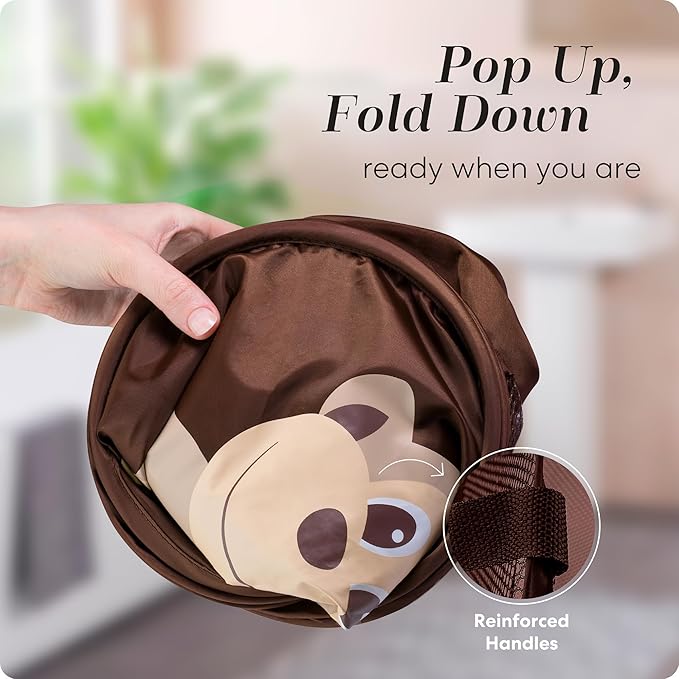 Handy Laundry Collapsible Mesh Pop Up Laundry Hamper with Side Pocket – Breathable, Space-Saving, Foldable Basket for Clothes, Toys, Travel & Storage, 14 x 13 x 24 in, Monkey