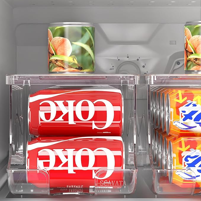 Stackable Refrigerator Organizer, Soda Can Dispenser Pop Cans Container Beverage Holder with Lid for Fridge, Freezer, Kitchen, Clear Plastic Storage Bins-Holds 10 Cans Each (One)