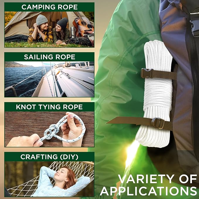 TECEUM Clothes Line & Flag Pole Rope – 1/4” & 3/8” – 90 FT | 150 FT – Strong All-Purpose Utility Rope – Camping, Crafting, Indoor & Outdoor – Polypropylene Nylon Lightweight Diamond Braided Cord White