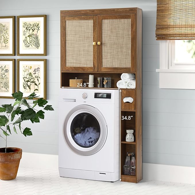 KIGOTY Over The Toilet Storage Cabinet, Bathroom Storage Organizer with 2 Doors, Toilet Rack with Adjustable Shelf,Freestanding Space-Saving Storage Rack for Toilet, Laundry Room,Brown