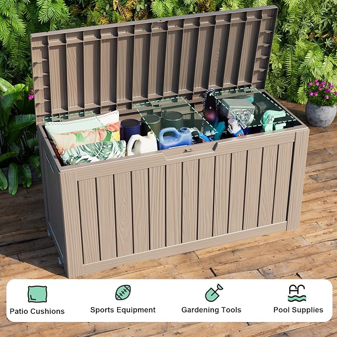 90 Gallon Outdoor Waterproof Resin Storage Deck Box Lockable Outside Bench UV Resistant Bin Patio Porch Furniture Pool Float Garden Tool Cushion Grey