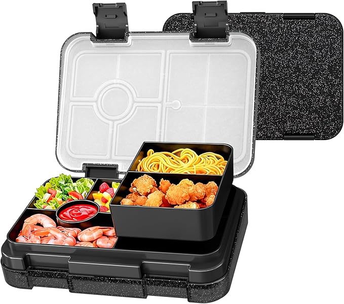 Bento Lunch Box for Kids, 6 Compartments BPA Free, Dishwasher Safe Back to School Snack Bento Lunch Containers Boxes, Ideal Portion Sizes for On-the-Go Meal, Shiny Black