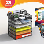 Docnest 6 Tier Mesh Desk Organizer for Paper Office Supplies – Multi-Functional Letter Tray with 5 Adjustable Compartments, 3 Pen Holders, Desktop Storage for Files, Mail, Stationery – Black