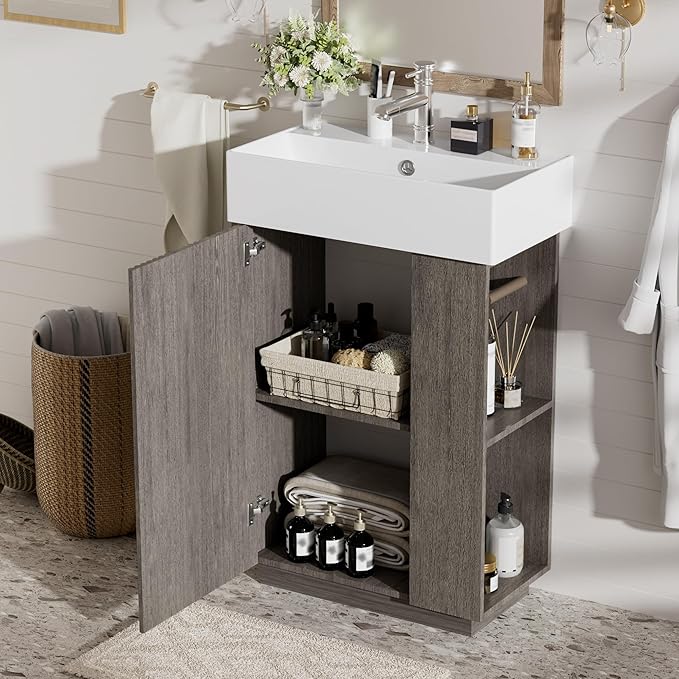21.6" Small Fluted Bathroom Vanity with Sink,Soft Closing Doors and Storage Shelves,Natural Wood Single Bathroom Sink Cabinet Combo Freestanding,Dark Grey