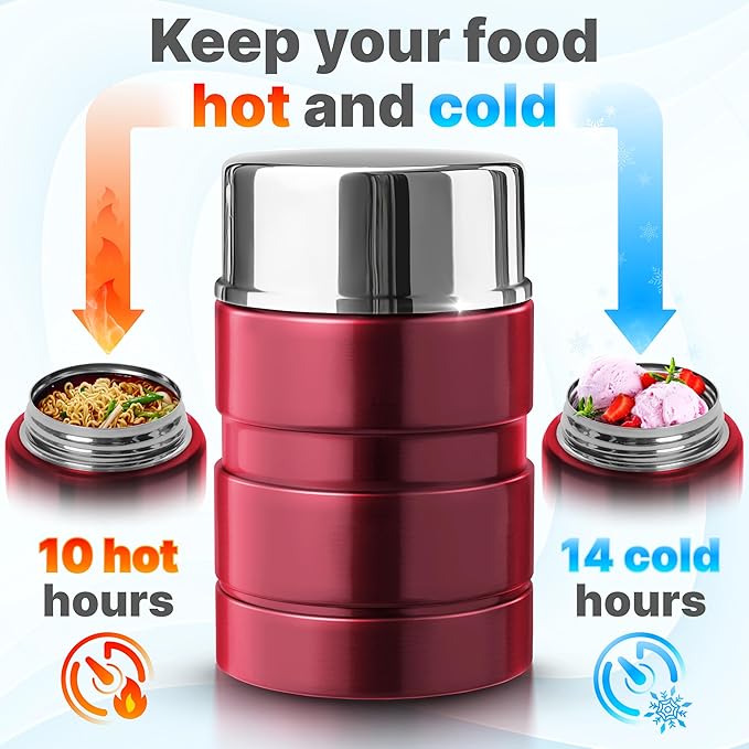 Earth&ME Stainless Steel Thermo For Hot Food 17OZ with Folding Spoon, Vacuum Insulated Food Container, Soup Thermo with Wide Mouth, Insulated Food Jar for Hot & Cold Food, Red
