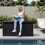 Flamaker Resin Deck Box 270 Gallon, Waterproof Imitation-Wood Lockable Storage Box with Separator Plate Outdoor Indoor, Garden, Patio Furniture for Tools&Pool Accessories (Black)