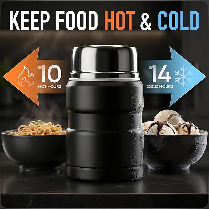 Earth&ME Stainless Steel Thermo For Hot Food 17OZ with Folding Spoon, Vacuum Insulated Food Container, Soup Thermo with Wide Mouth, Insulated Food Jar for Hot & Cold Food, Black