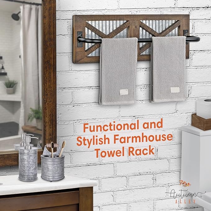 Autumn Alley Farmhouse Rustic Towel Rack Holder - Wood Towel Rack - 24" - Farmhouse Bathroom Hardware for Rustic Bathroom and Country Kitchen Style Décor - Wall Mounted, Western Accessories