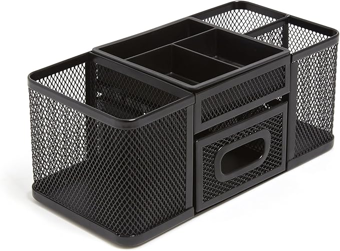 TRU RED Wire Mesh Desktop Organizer, 7‑Compartment Accessory Holder, Matte Black, 2‑Pack – Office Desk Storage