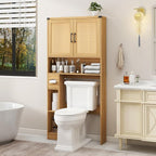 Vabches Over The Toilet Storage Cabinet, Farmhouse Rattan Storage Cabinet Over Toilet with 2 Rattan Barn Doors & Home Space-Saving Toilet Rack, for Bathroom, Restroom, Laundry