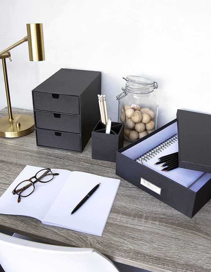 Bigso Oskar Fiberboard Label Frame Document Letter Box - File Organizer Box for Important Paperwork - Document Storage with a Lid & Metal Label Window - 3.3 in x 10.2 in x 13.8 in - Grey