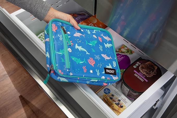PackIt(R) Freezable Classic Lunch Box, Sea Shark, Built with EcoFreeze(R) Technology, Collapsible, Reusable, Zip Closure With Zip Front Pocket and Buckle Handle, Designed for Fresh Lunch On the Go