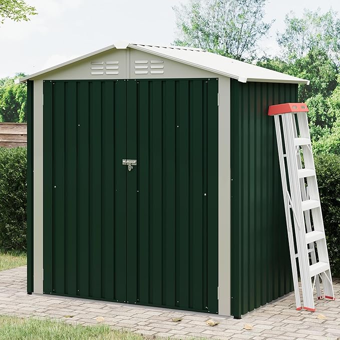 Outdoor Storage Shed, Weather Resistant Garden Shed with Gable Roof & Grid Window, Multi-Use Shed for Bikes, Lawn Mowers, Patio Supplies & Pet Shelter (Green, 6×4FT)