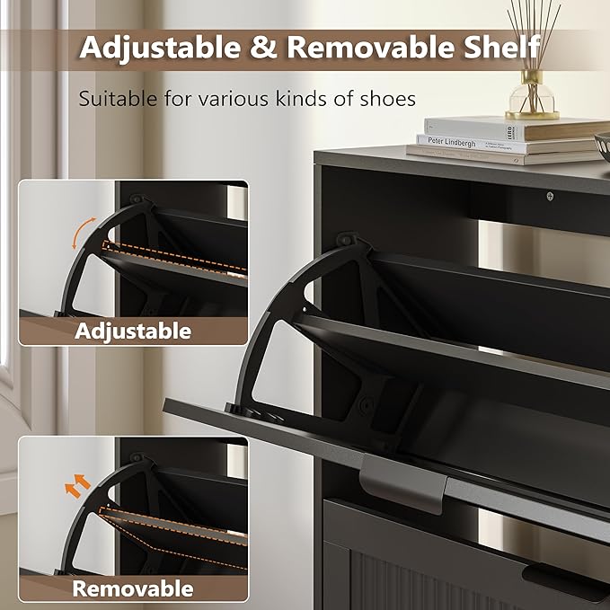 Shoe Cabinet for Entryway with 6 Flip Drawers, Slim Wooden Shoe Storage Organizer with Modern Fluted Pannel，Freestanding Narrow Hidden Shoe Rack for Hallway, Foyer, Living Room
