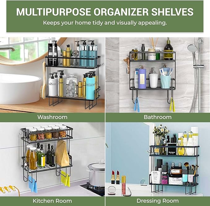 DINEST 2 Tier Over the Toilet Storage Shelf Rack Organizer, Sturdy Bathroom Organizer Shelves, Space Saver Multifunctional Wall Mounted Design, No Drilling Anti-Rust Bathroom - Black