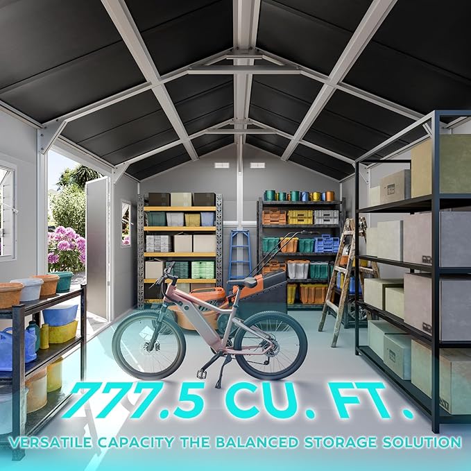 10x12 FT Large Resin Plastic Shed with Floor, Heavy-Duty 21-Gauge Reinforced Steel Frame, 16mm Ultra-Thick Panels, Estate-Size Storage Sheds with 2 Awning Windows for Tractors & Patio Furniture