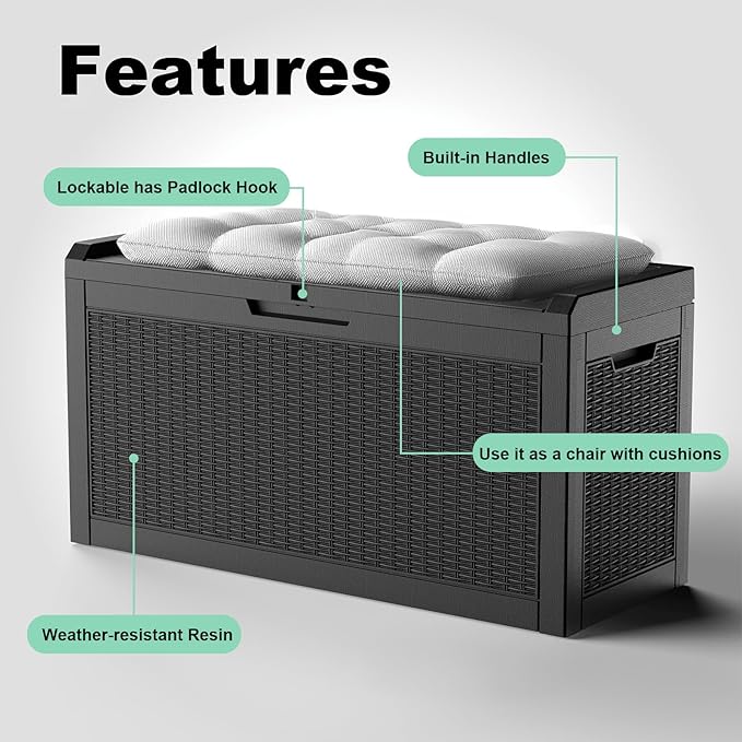 60 Gallon Deck Box,Waterproof Resin Outdoor Storage Box for Patio Furniture,Outdoor Cushions,Garden Tools and Pool Supplies,Weatherproof(Black,60Gallon)