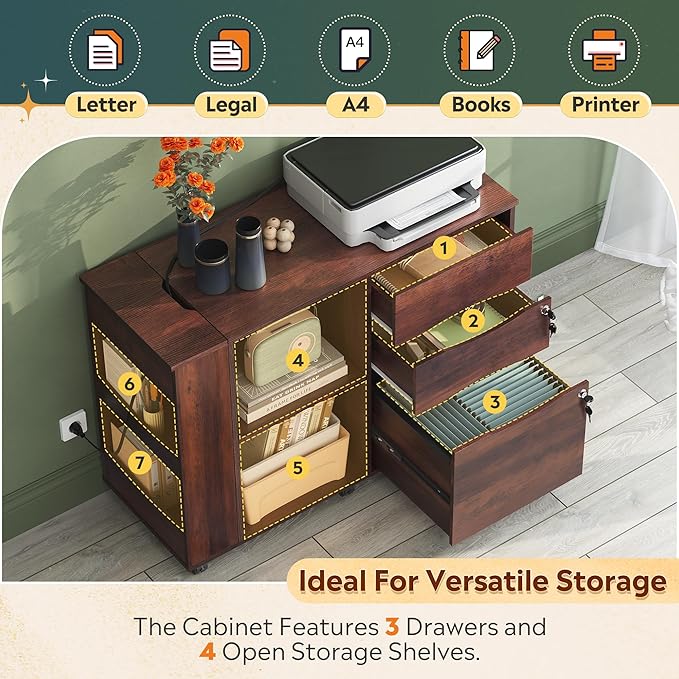 DEVAISE File Cabinet with Lock, 3 Drawer Rolling Mobile Lateral Filing Cabinets with Charging Station Printer Stand with Open Storage Shelves Fits A4 or Letter Size for Home Office Brown Oak