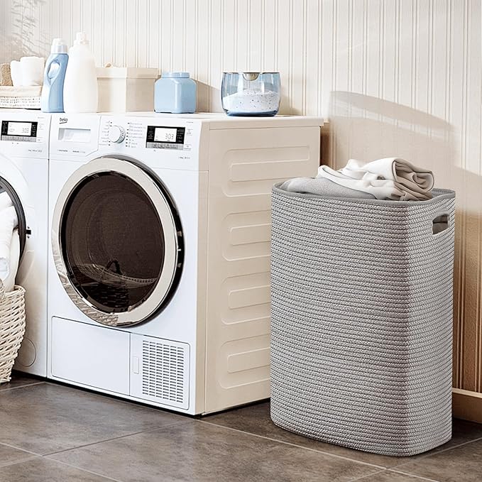 Large Laundry Hamper 16"x13"x22" - Tall Woven Laundry Basket, Cotton Rope Dirty Clothes Hamper, Baby Kids Nursery Wicker Laundry Basket, Bedroom Aesthetic, Soft Laundry Bin, Gray Hamper, 75L