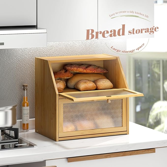 Bread Box for Kitchen Countertop Bin Double Layer Bread Box Storage Container Extra Large Capacity with Diamond Pattern Windows (Natural, Extra Large)