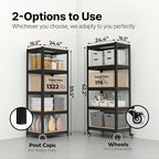 HOMEDANT House 5 Tier Heavy Duty Garage Shelving Adjustable Metal Rack Storage Shelves Standing Shelf Unit Organizers Pantry Closet Office (1, Black, (Wheels) 24.4" W x 16.2" D)