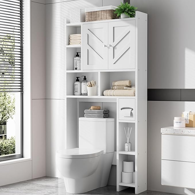 Meilocar Over the Toilet Storage Cabinet, Bathroom Over Toilet Storage Cabinet, Bathroom Storages Organizer Cabinets with Toilet Paper Holder and Adjustable Shelf, White