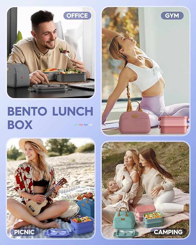 Adults Bento Lunch Box Set with Thermo Bag, 74oz Stackable Leak-proof 3-tiers Bento Box, Built-in Utensil and Sauce Container for Work, School, Dining Out (Purple)
