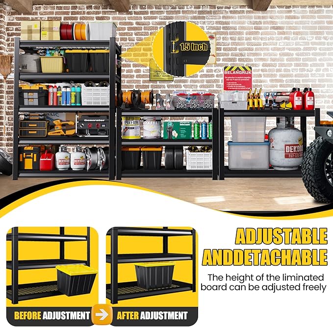 5-Tier Garage Shelving Heavy Duty, 3000LBS Garage Shelves, Adjustable Metal Shelving Unit, Garage Storage Shelves, Utility Storage Rack Shelf, Shelves for Garage Storage, 72" H×46.1" W×20" D