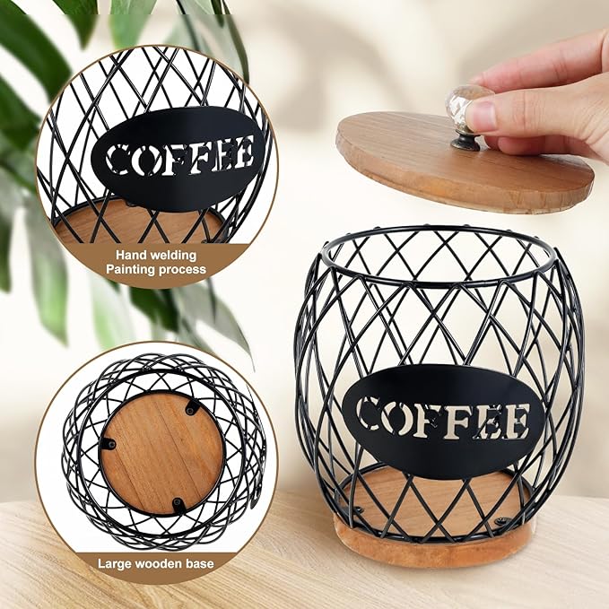 Coffee Pod Basket Holder Hollow Design Metal Coffee Pod Container with Dust Cover Holder Organizer Large Capacity Sturdy Coffee Pod Organizer (black)