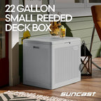 Suncast 22-Gal. Resin Small Outdoor Patio Deck Box with Reeded Design, Modern Outdoor Patio Bench/Storage Box for Cushions, Garden Tools, and More, French Gray